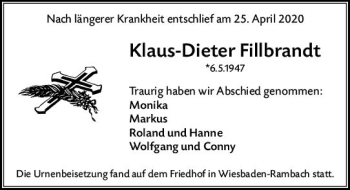 Traueranzeige von Klaus-Dieter Fillbrandt von vrm-trauer