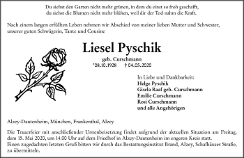 Traueranzeige von Liesel Pyschik von vrm-trauer