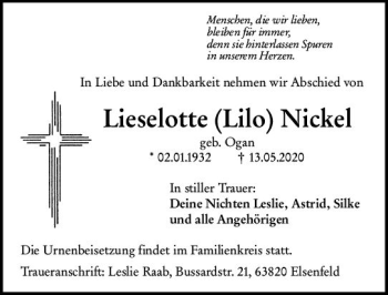 Traueranzeige von Lieselotte Nickel von vrm-trauer
