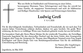 Traueranzeige von Ludwig Greß von vrm-trauer