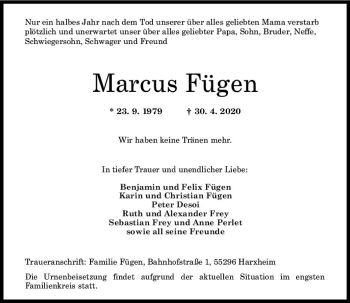 Traueranzeige von Marcus Fügen von vrm-trauer