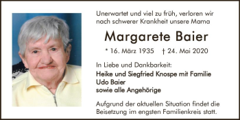 Traueranzeige von Margarete Baier von vrm-trauer