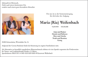 Traueranzeige von Maria  Weifenbach von vrm-trauer