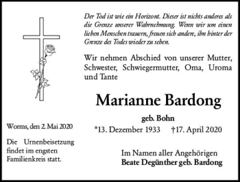 Traueranzeige von Marianne Bardong von vrm-trauer