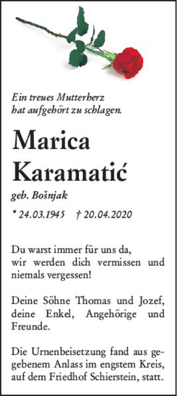 Traueranzeige von Marica Karamatic von vrm-trauer