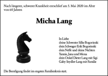 Traueranzeige von Micha Lang von vrm-trauer