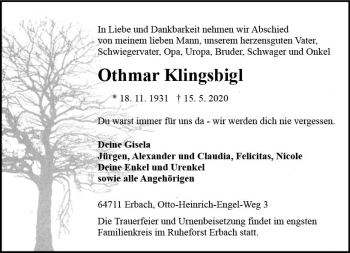 Traueranzeige von Othmar Klingsbigl von vrm-trauer