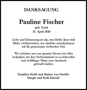 Traueranzeige von Pauline Fischer von vrm-trauer