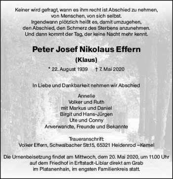 Traueranzeige von Peter Josef Nikolaus Effern von vrm-trauer