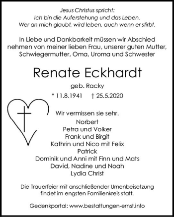 Traueranzeige von Renate Eckhardt von vrm-trauer