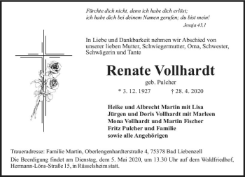 Traueranzeige von Renate Vollhardt von vrm-trauer