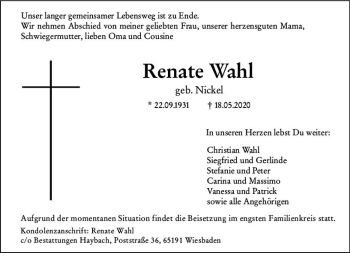 Traueranzeige von Renate Wahl von vrm-trauer