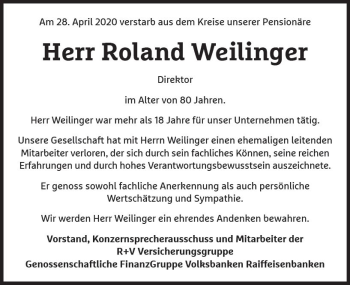 Traueranzeige von Roland Weilinger von vrm-trauer