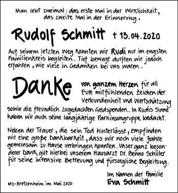 Traueranzeige von Rudolf Schmitt von vrm-trauer