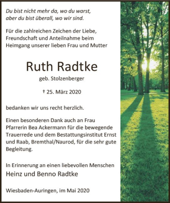 Traueranzeige von Ruth Radtke von vrm-trauer