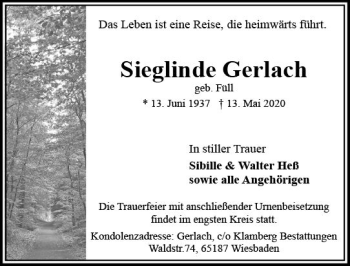 Traueranzeige von Sieglinde Gerlach von vrm-trauer