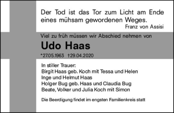 Traueranzeige von Udo Haas von vrm-trauer