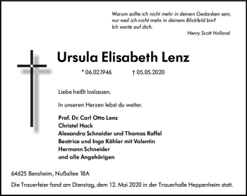 Traueranzeige von Ursula Elisabeth Lenz von vrm-trauer