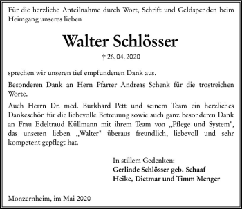 Traueranzeige von Walter Schlösser von vrm-trauer