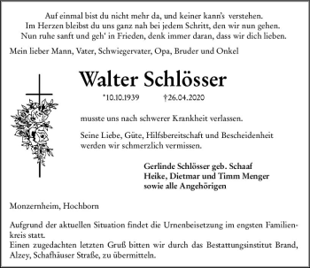 Traueranzeige von Walter Schlösser von vrm-trauer
