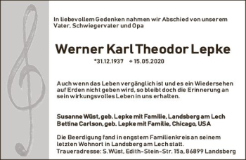 Traueranzeige von Werner Karl Theodor Lepke von vrm-trauer