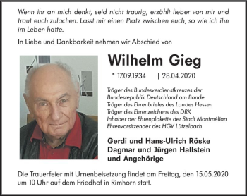 Traueranzeige von Wilhelm Gieg von vrm-trauer