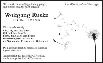Traueranzeige von Wolfgang Ruske von vrm-trauer