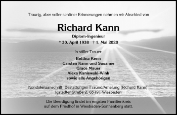 Traueranzeige von Richard Kann von VRM Tageszeitungen