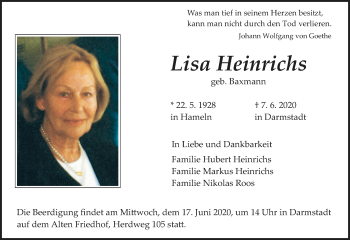 Traueranzeige von Lisa Heinrichs von VRM Tageszeitungen