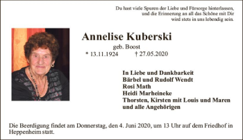 Traueranzeige von Annelise Kuberski 