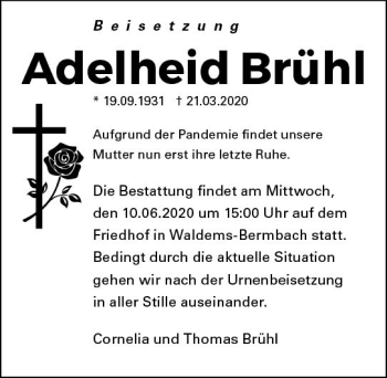 Traueranzeige von Adelheid Brühl von vrm-trauer