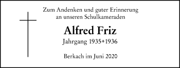 Traueranzeige von Alfred Friz von vrm-trauer
