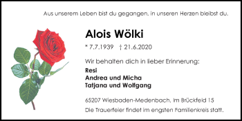 Traueranzeige von Alois Wölk von vrm-trauer