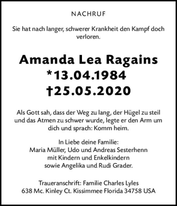 Traueranzeige von Amanda Lea Ragains von vrm-trauer