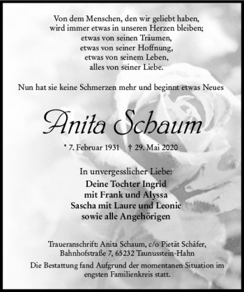 Traueranzeige von Anita Schaum von vrm-trauer