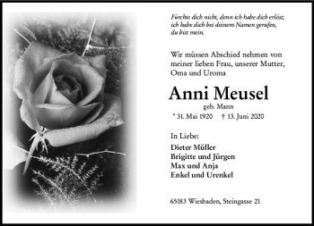Traueranzeige von Anni Meusel von vrm-trauer