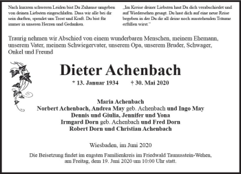 Traueranzeige von Dieter Achenbach von vrm-trauer