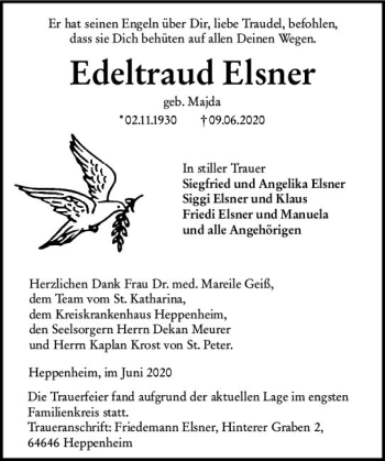 Traueranzeige von Edeltraud Elsner von vrm-trauer