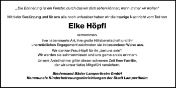 Traueranzeige von Elke Höpfl von vrm-trauer