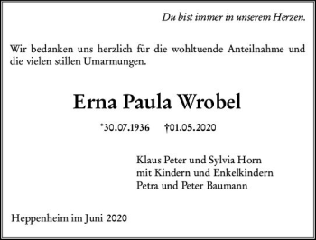 Traueranzeige von Erna Paula Wrobel von vrm-trauer