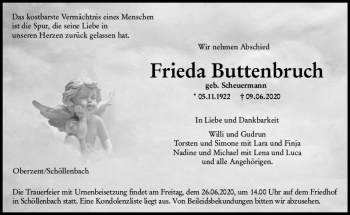 Traueranzeige von Frieda Buttenbruch von vrm-trauer
