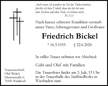 Traueranzeige von Friedrich Bickel von vrm-trauer