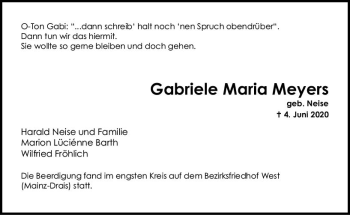 Traueranzeige von Gabriele Maria Meyers von vrm-trauer