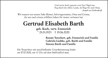 Traueranzeige von Gertrud Elisabeth Barth von vrm-trauer