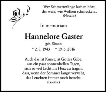 Traueranzeige von Hannelore Gaster von vrm-trauer