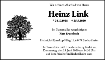 Traueranzeige von Heinz Link von vrm-trauer