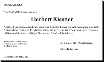 Traueranzeige von Herbert Riesner von vrm-trauer