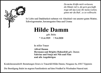 Traueranzeige von Hilde Damm von vrm-trauer