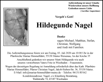 Traueranzeige von Hildegunde Nagel von vrm-trauer