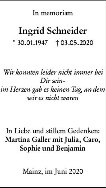 Traueranzeige von Ingrid Schneider von vrm-trauer